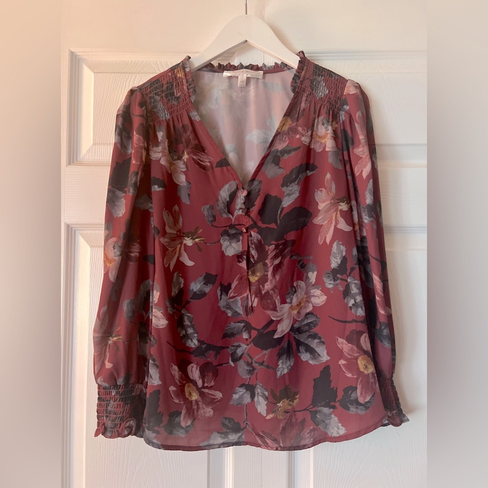 Chelsea & Theodore Floral Burgundy Blouse- NWOT